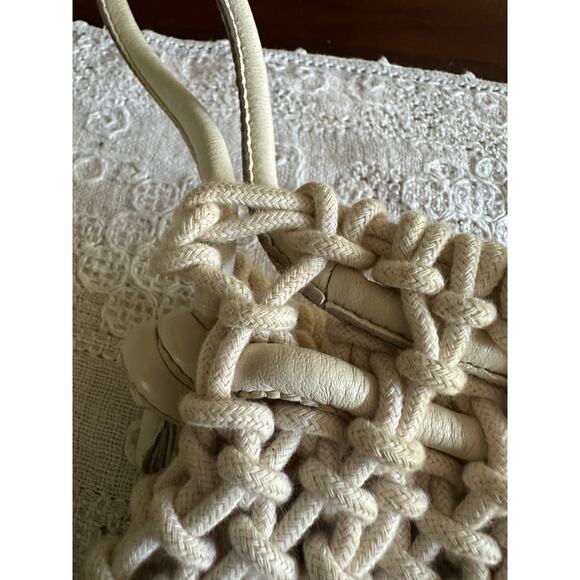 Clare V. Sandy Drawstring Clutch crocheted ivory cotton leather handles bag - Picture 10 of 16